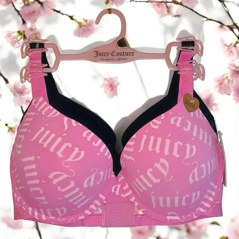 Juicy Couture Sexy Pink Logo & Solid Black Push-up Bra 2 Piece Set Size 38D New